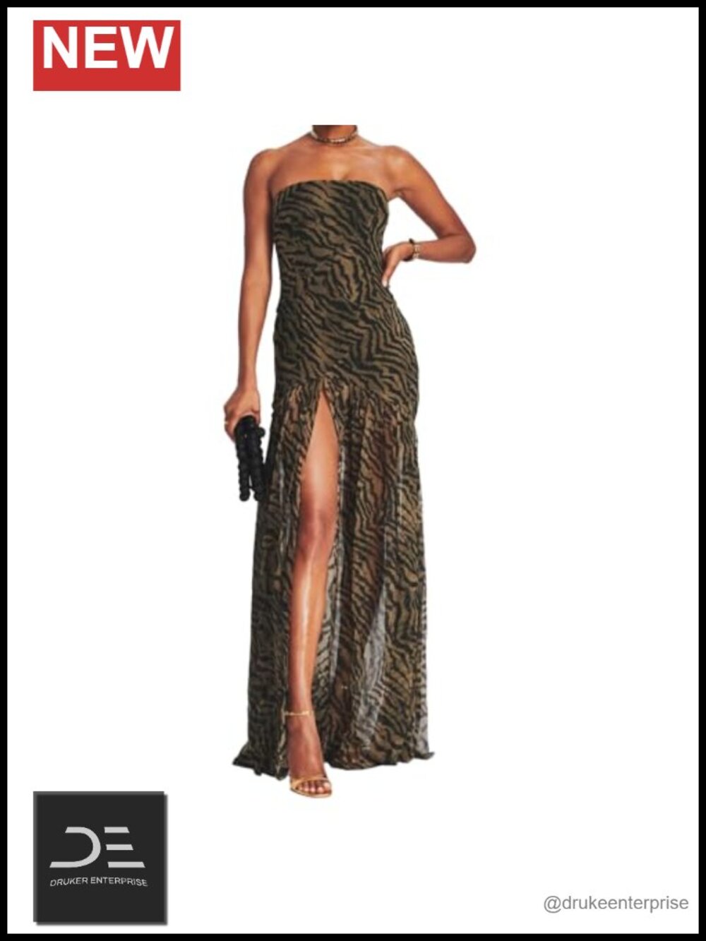 Women Tiger Stripe Mesh Patchwork Maxi Dress Strapless High Slit Party Beach